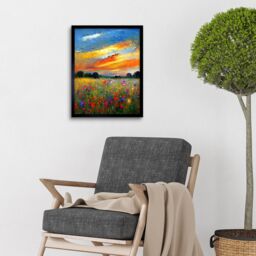 "Artery8 Wall Art Print Sunset Wildflower Peaceful Summer Meadow Oil Painting Art Framed in Black - Size: W12"" x H16""" - thumbnail 2