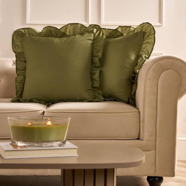 OHS 2 x Plain Faux Linen Frill Cushion Covers in Olive - Size: 45 cm x 45 cm - image 1