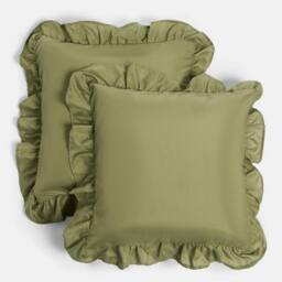 OHS 2 x Plain Faux Linen Frill Cushion Covers in Olive - Size: 45 cm x 45 cm - thumbnail 3