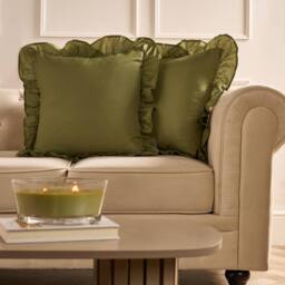 OHS 2 x Plain Faux Linen Frill Cushion Covers in Olive - Size: 45 cm x 45 cm - thumbnail 1