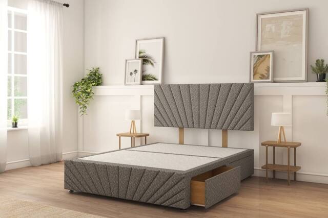 "Sloomy Kingsley Plush Divan Bed Base No Drawers With 26"" Strutted Headboard in Mustard - Size: Super King" - image 1