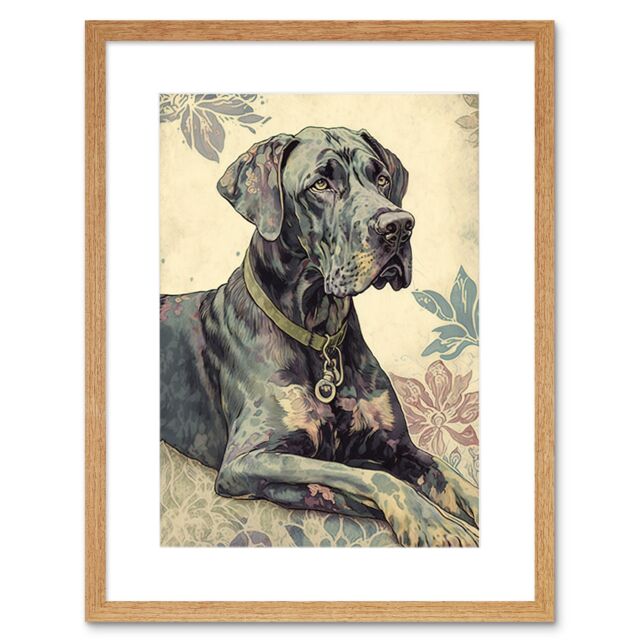 "Artery8 Wall Art Print Great Dane Dog with Floral Pattern Modern Linocut Artwork Framed 9X7 Inch in Beige - Size: W7"" x H9""" - image 1