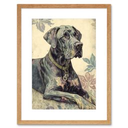 "Artery8 Wall Art Print Great Dane Dog with Floral Pattern Modern Linocut Artwork Framed 9X7 Inch in Beige - Size: W7"" x H9""" - thumbnail 1