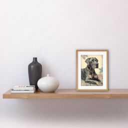 "Artery8 Wall Art Print Great Dane Dog with Floral Pattern Modern Linocut Artwork Framed 9X7 Inch in Beige - Size: W7"" x H9""" - thumbnail 2