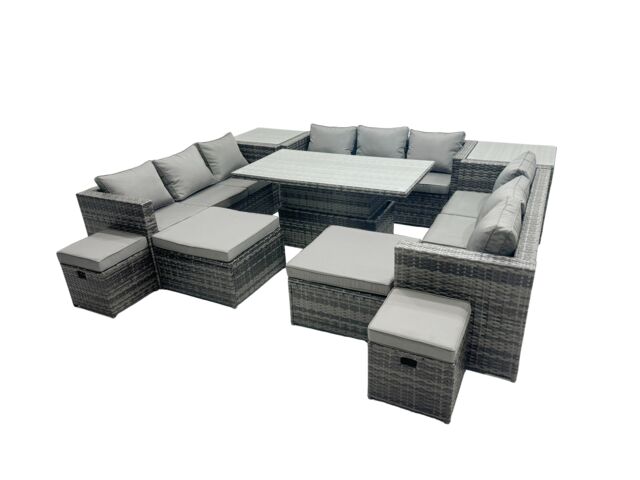 Fimous Rattan Dining Table Sofa Set with 2 Side Tables Stools Outdoor 13 Seat in Dark Grey - image 1
