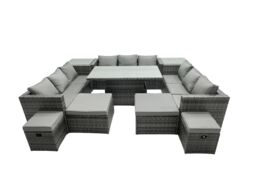 Fimous Rattan Dining Table Sofa Set with 2 Side Tables Stools Outdoor 13 Seat in Dark Grey - thumbnail 2