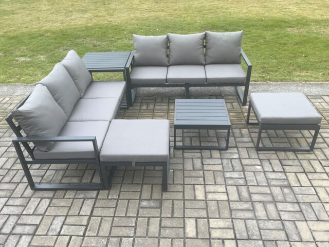 Fimous Aluminium 6 Pieces Garden Furniture Sofa Set with Cushions 8 Seater Outdoor Patio Set with Square Coffee Table Side Table in Dark Grey - image 1