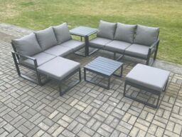 Fimous Aluminium 6 Pieces Garden Furniture Sofa Set with Cushions 8 Seater Outdoor Patio Set with Square Coffee Table Side Table in Dark Grey - thumbnail 2