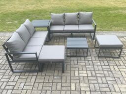 Fimous Aluminium 6 Pieces Garden Furniture Sofa Set with Cushions 8 Seater Outdoor Patio Set with Square Coffee Table Side Table in Dark Grey - thumbnail 1