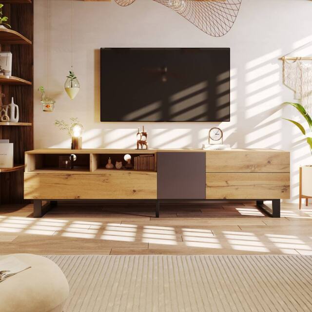 HomeTouch Wooden TV Unit with Large Storage for Living Room in Natural - Size: 1 Pack - image 1
