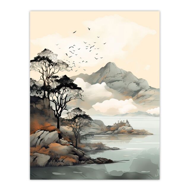 "Artery8 Wall Art Print Autumn Coastal Landscape in Scottish Highlands Poster Picture in Grey - Size: W18"" x H24""" - image 1