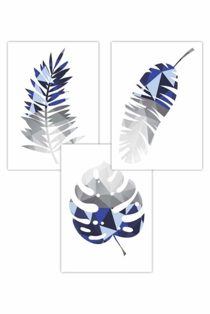 ARTZE Set of 3 Geometric Tropical Leaves In Navy Blue Grey Art Posters - Size: W50 cm x H70 cm - image 1