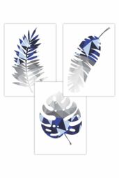 ARTZE Set of 3 Geometric Tropical Leaves In Navy Blue Grey Art Posters - Size: W50 cm x H70 cm - thumbnail 1