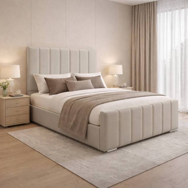 Desire Deco Plush Velvet Eleanor Upholstered Panel Bed Frame, All Sizes in Light Beige - Size: King - image 1