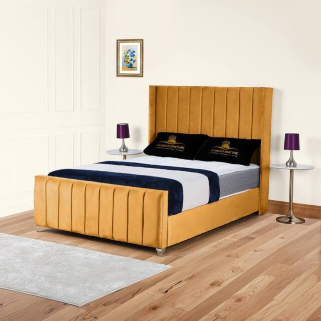 UK Bed Furniture Empire Winged Slatted Base Upholstered Bed with 48 Inch Headboard in Mustard - Size: Double - image 1