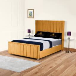 UK Bed Furniture Empire Winged Slatted Base Upholstered Bed with 48 Inch Headboard in Mustard - Size: Double