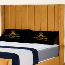 UK Bed Furniture Empire Winged Slatted Base Upholstered Bed with 48 Inch Headboard in Mustard - Size: Double - thumbnail 2