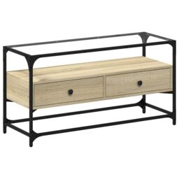 Berkfield Home TV Cabinet with Glass Top Sonoma Oak 98x35x51 cm Engineered Wood in Brown - Size: 98 x 35 x 51 cm - thumbnail 2