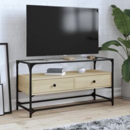 Berkfield Home TV Cabinet with Glass Top Sonoma Oak 98x35x51 cm Engineered Wood in Brown - Size: 98 x 35 x 51 cm