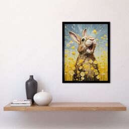 Artery8 Wall Art Print The Happy Bunny Rabbit Playing in a Field of Daisies Vibrant Oil Painting Kids Bedroom Blue Yellow Bright Summer Meadow Art - thumbnail 2