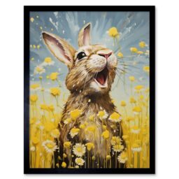 Artery8 Wall Art Print The Happy Bunny Rabbit Playing in a Field of Daisies Vibrant Oil Painting Kids Bedroom Blue Yellow Bright Summer Meadow Art - thumbnail 1