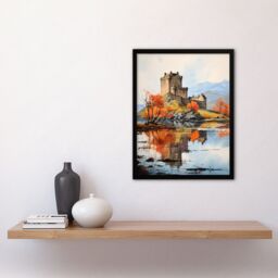 "Artery8 Wall Art Print Eilean Donan Castle Scotland Watercolour Painting Misty Morning Autumn Sunlight Art Framed in Black - Size: W12"" x H16""" - thumbnail 4