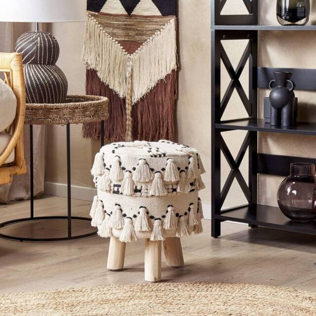 Wyld and Coco Beige Boho Footstool - Black Cotton Knit Tassels - image 1