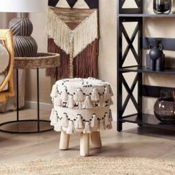 Wyld and Coco Beige Boho Footstool - Black Cotton Knit Tassels - thumbnail 1