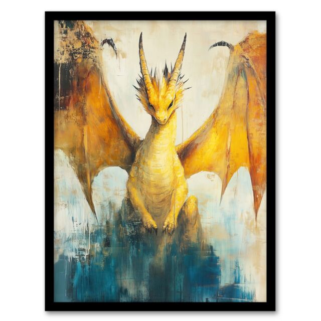 "Artery8 Yellow Dragon With Big Wings Fantasy Oil Painting Framed Art Print - Size: W12"" x H16""" - image 1