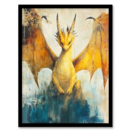 "Artery8 Yellow Dragon With Big Wings Fantasy Oil Painting Framed Art Print - Size: W12"" x H16""" - thumbnail 1