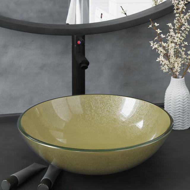 Berkfield Home Bathroom Sink with Tap & Push Drain Gold Tempered Glass - image 1
