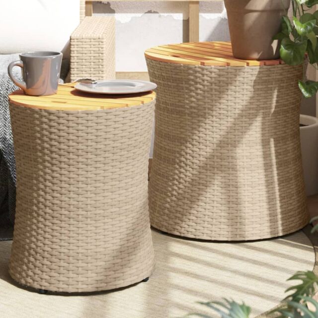 Berkfield Home Garden Side Tables 2 pcs with Wooden Top Beige Poly Rattan