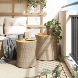 Berkfield Home Garden Side Tables 2 pcs with Wooden Top Beige Poly Rattan - thumbnail 3