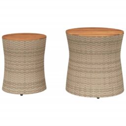 Berkfield Home Garden Side Tables 2 pcs with Wooden Top Beige Poly Rattan - thumbnail 4