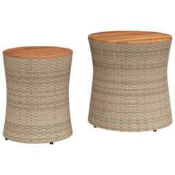 Berkfield Home Garden Side Tables 2 pcs with Wooden Top Beige Poly Rattan - thumbnail 2