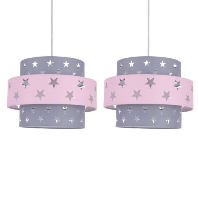 First Choice Lighting Pair of Pink & Grey Star Two Tier Light Shades - image 1
