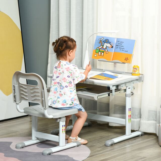 HOMCOM Kids Desk & Chair Set, Height Adjustable Study Desk with USB Lamp in Grey - image 1