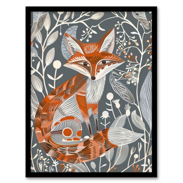 "Artery8 Woodland Fox Folk Art Grey Rustic Wildflowers Framed Art Print in Orange - Size: W12"" x H16""" - image 1
