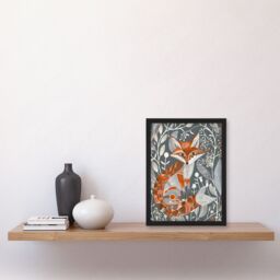 "Artery8 Woodland Fox Folk Art Grey Rustic Wildflowers Framed Art Print in Orange - Size: W12"" x H16""" - thumbnail 4