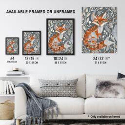 "Artery8 Woodland Fox Folk Art Grey Rustic Wildflowers Framed Art Print in Orange - Size: W12"" x H16""" - thumbnail 3