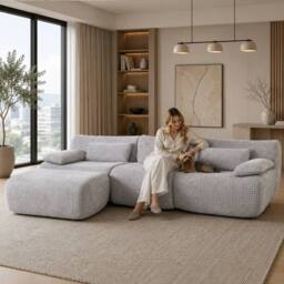 MIMO Curved Seat Design Modular Sofa Set, Corduroy Fabric in Mid Grey - Size: 1 Pack - thumbnail 6
