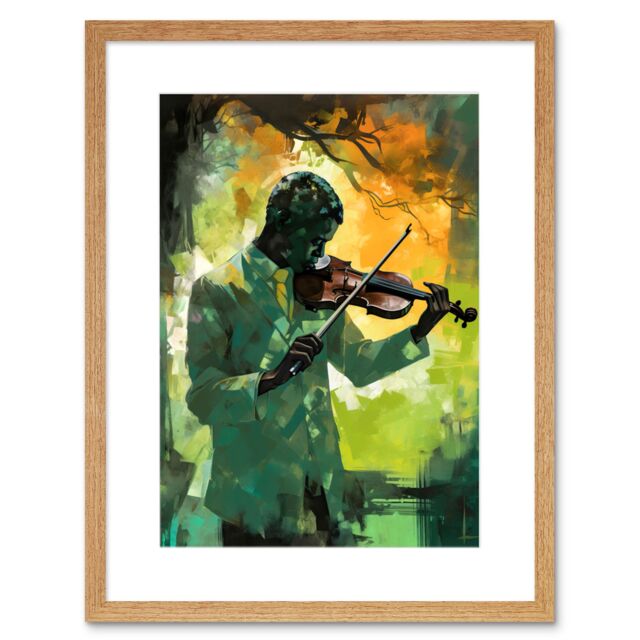 "Artery8 Wall Art Print Jazz Violin Player Playing Violin Under a Tree Artwork Framed 9X7 Inch in Beige - Size: W7"" x H9""" - image 1