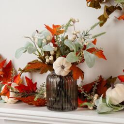 Scottish Everlastings Ltd 33cm Green/Orange Pumpkin Arrangement in Ribbed Glass Vase in Orange