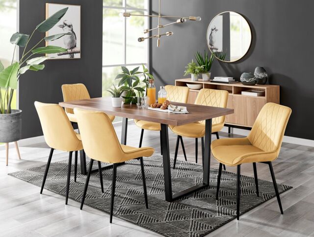 FurnitureboxUK Kylo Large Brown Wood Effect Dining Table & 6 Pesaro Velvet Black Leg Chairs in Mustard - image 1
