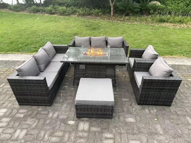 Fimous Rattan Garden Furniture Set Gas Fire Pit Lounge Sofa Chair Dining Set with Arm Chair Stools in Dark Grey - image 1