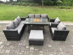 Fimous Rattan Garden Furniture Set Gas Fire Pit Lounge Sofa Chair Dining Set with Arm Chair Stools in Dark Grey - thumbnail 1