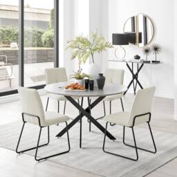 FurnitureboxUK Novara Grey Concrete Effect Black Leg 120cm Round Dining Table & 4 Halley Chairs in Cream