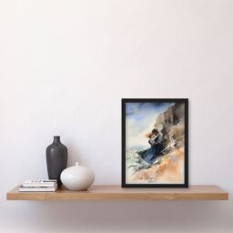 "Artery8 Wall Art Print Couple Embrace In Dramatic Coastal Cliff Landscape Watercolour Painting Wuthering Heights Art Framed - Size: W12"" x H16""" - thumbnail 4