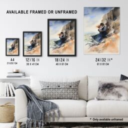 "Artery8 Wall Art Print Couple Embrace In Dramatic Coastal Cliff Landscape Watercolour Painting Wuthering Heights Art Framed - Size: W12"" x H16""" - thumbnail 3