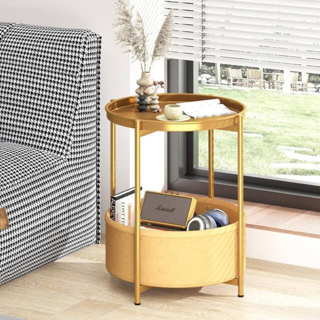 Huhote Round Side Table Fabric Basket End Table for Small Space 2 Tiers in Gold - image 1